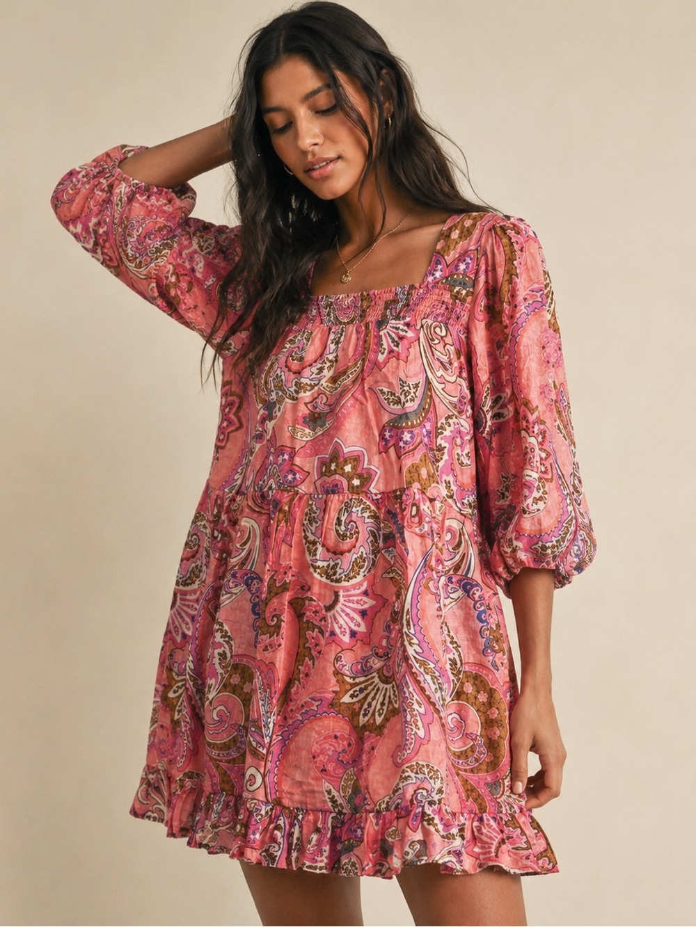 #25 Pink Paisley Square-Neck Mini Dress